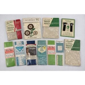 Vintage Sewing Notions Lot Buttons Trim Bias Tape Appliques zippers NOS